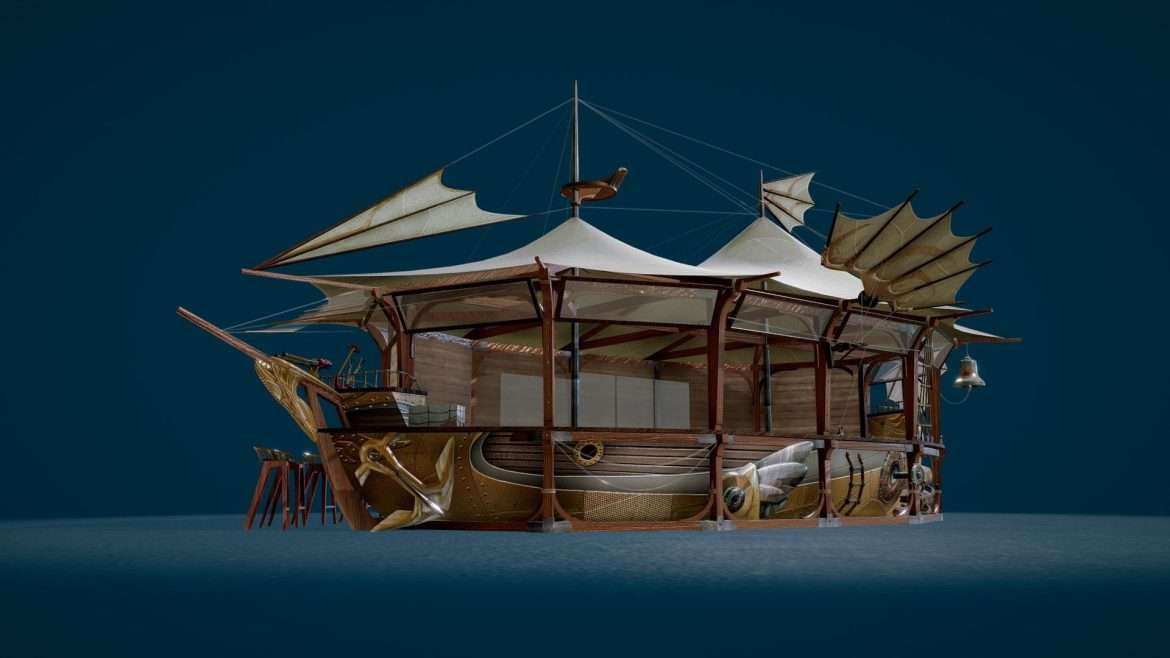 steampunk flying ship conceptual streetfood cafe 3d model