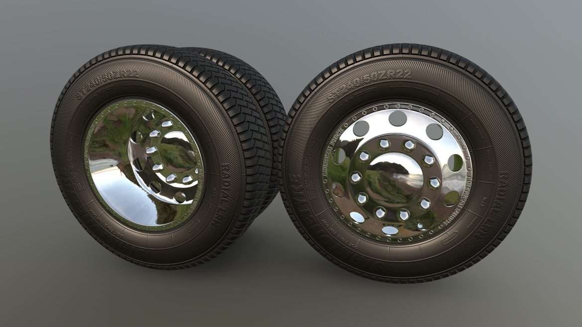 Truck Wheel 3d Model - Highly detailed 3D model of a heavy-duty truck wheel with realistic tire tread and polished rim, ideal for vehicle simulations and industrial visualizations.