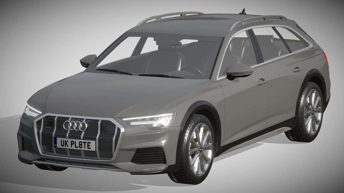 Audi A6 Allroad 3d Model - Close-up view of the Audi A6 allroad 3d model showcasing its detailed exterior and quattro badge.