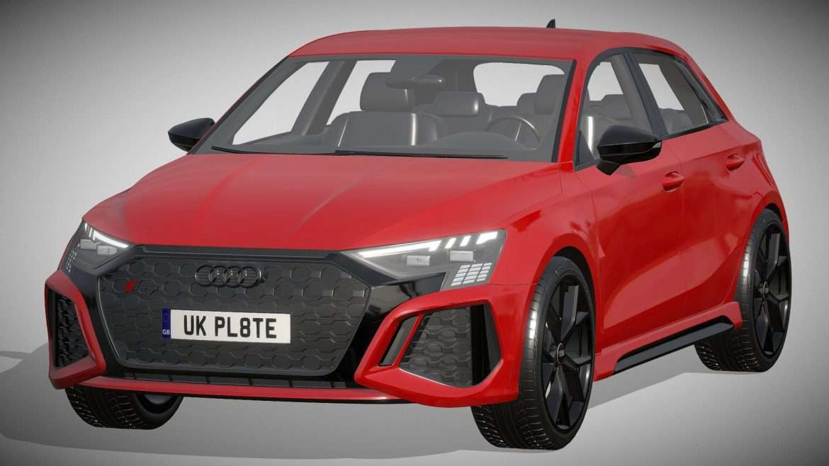 Audi Rs3 Sportback 3d Model - A high-resolution 3D render of a 2021 Audi RS3 Sportback showing detailed front grille and headlights.
