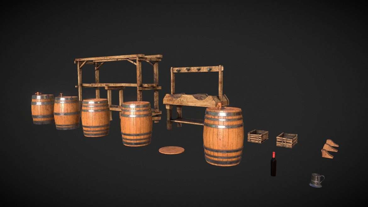 barrels wine cellar low poly props update 3d model