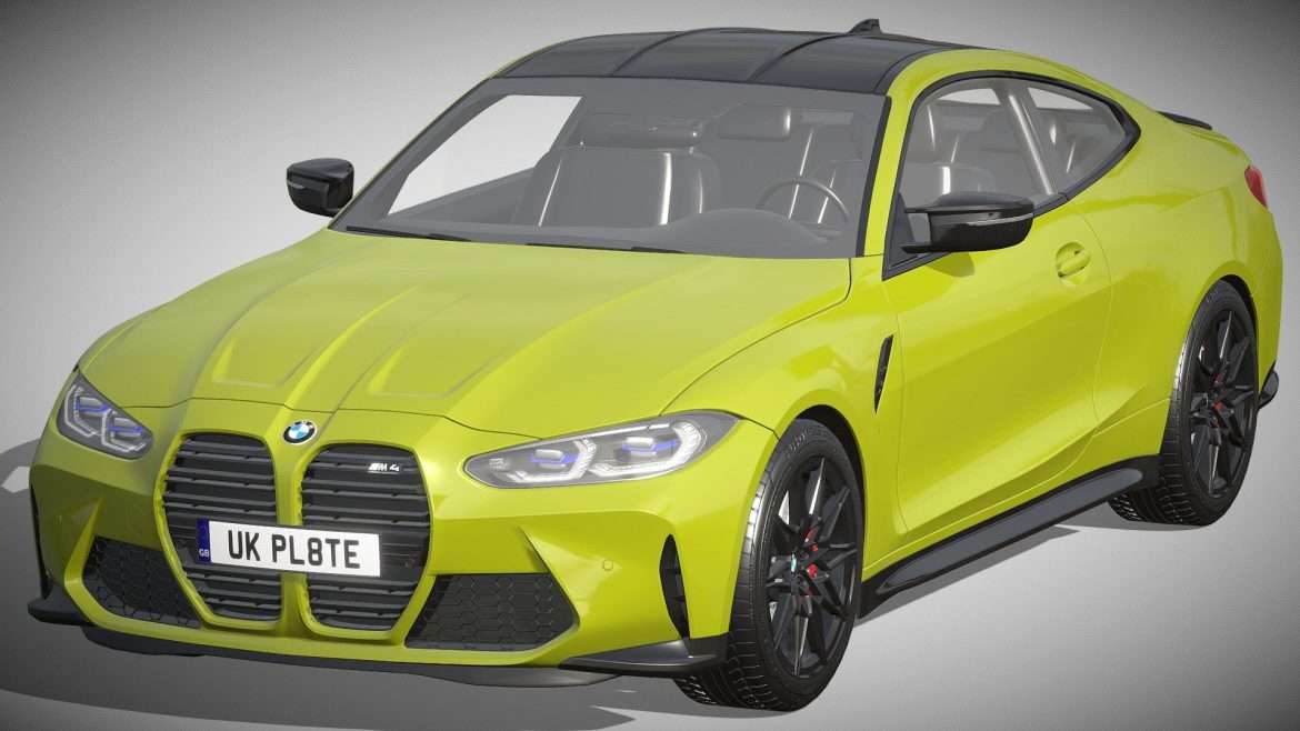 Bmw M4 Competition 3d Model - High-resolution 3D render of a 2021 BMW M4 Competition in a dynamic studio setting, showcasing its sleek lines and aggressive styling.