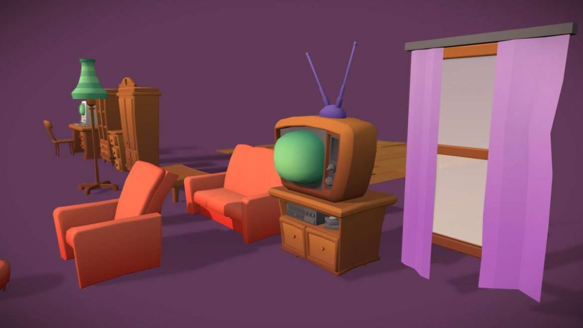 Cartoon Style Furniture 3d Model - Game ready cartoon style furniture assets including sofa, armchair, coffee table, and lamp in a vibrant living room setting.