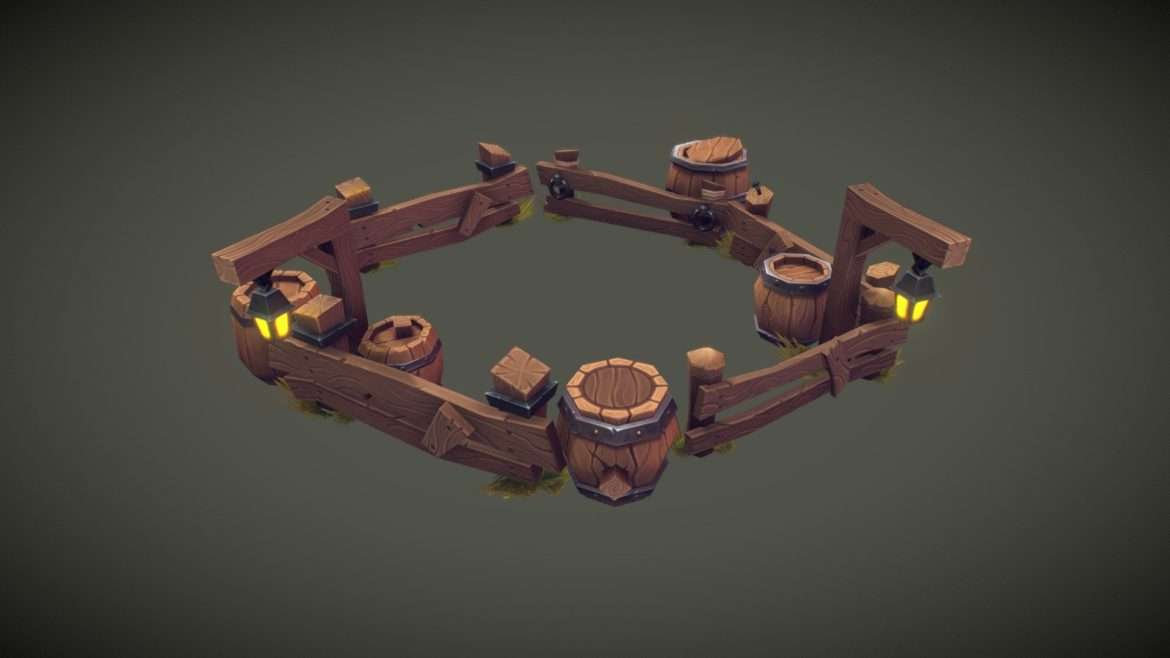 low poly barrel amp wooden fence set 3d model