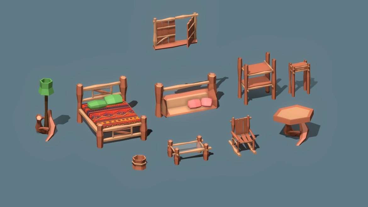 low poly rustic furniture 3d model