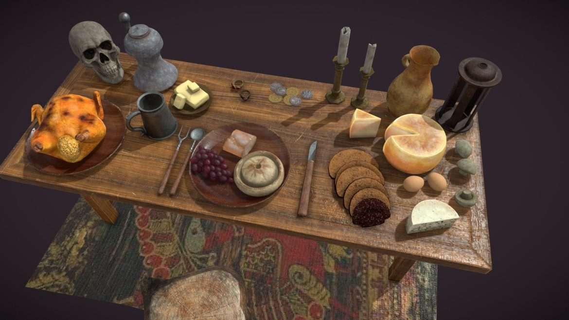 medieval tavern dinner scene 3d model