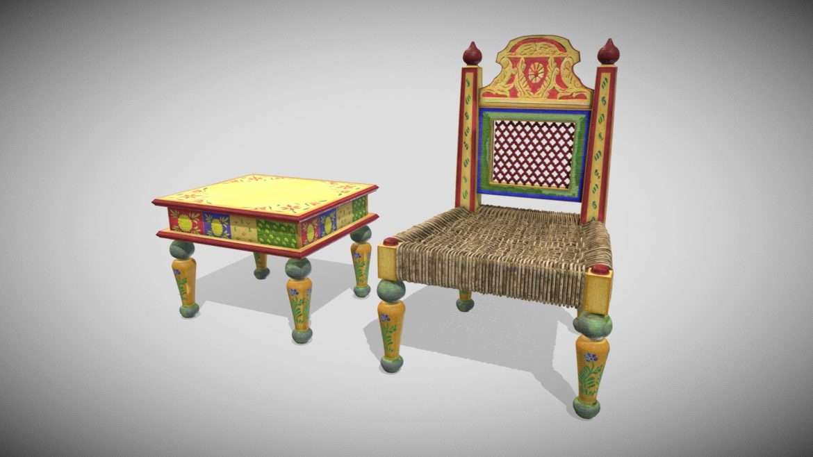 Rajasthan Classic Furniture 3d Model - Rajasthan Classic Furniture Trappolo 3D model with intricate carvings and rich wood textures