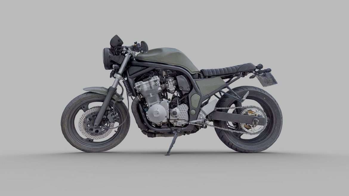Suzuki Bandit Custom 3d Model - Close-up of a Suzuki Bandit 700 Custom 3D model showing the DOHC engine and photogrammetry textures.