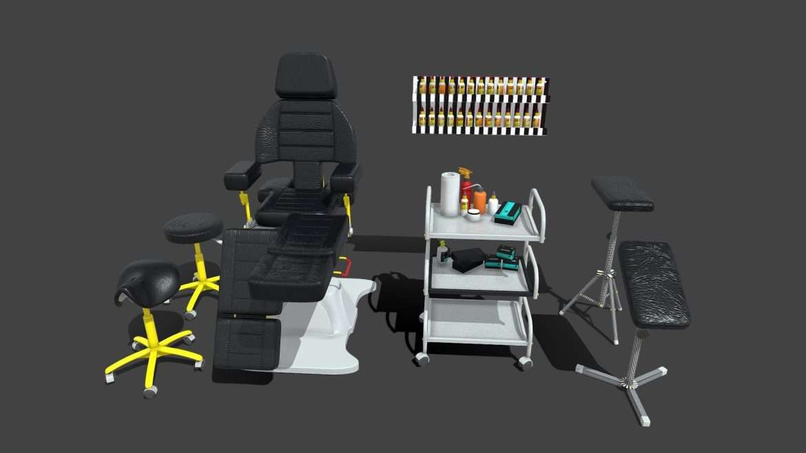 Tattoo Furniture 3d Model - A collection of tattoo studio furniture, including chairs, tables, and equipment, rendered in a realistic 3D environment.