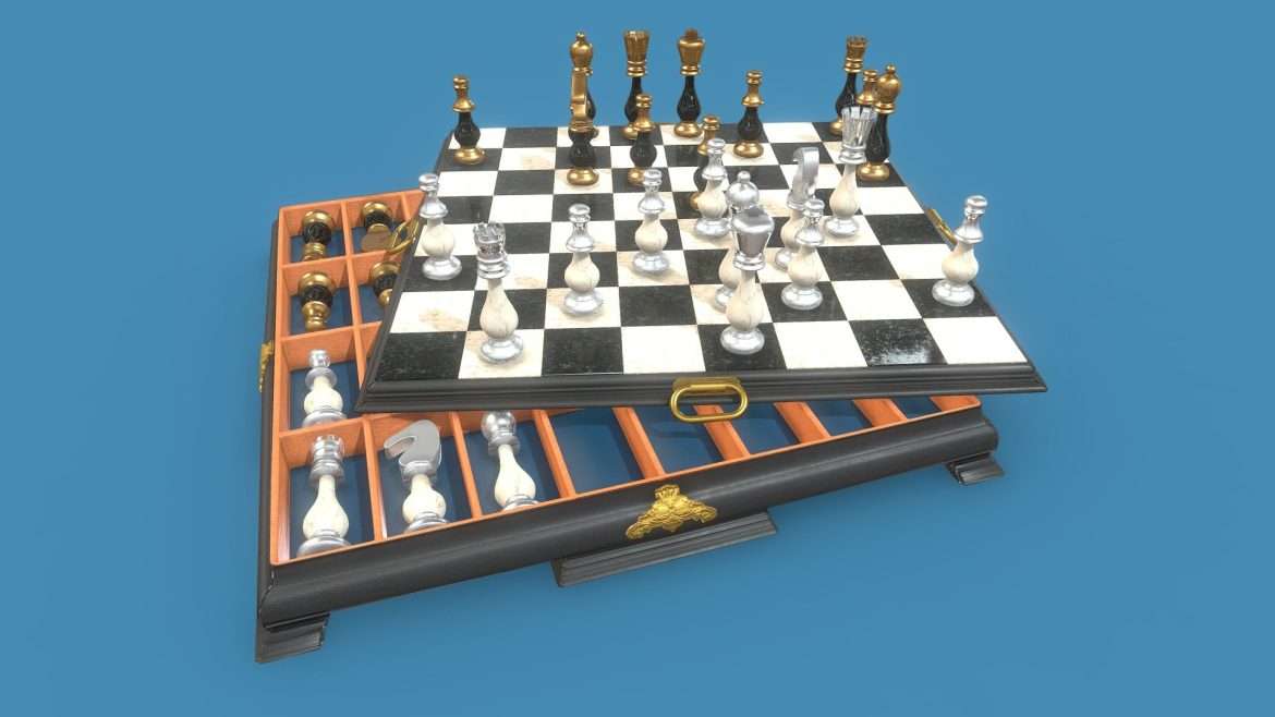 Tenebris Chess Board 3d Model - Tenebris chess board 3d model with PBR marble, lacquered wood, bronze, and silver materials
