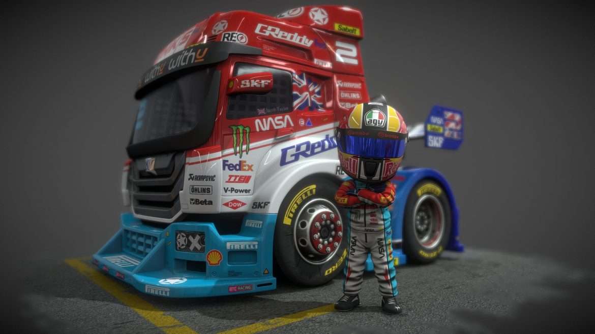 Stylized Truck Racing 3d Model - Stylized racing truck 3D model with cartoon driver, rendered in a dynamic scene, perfect for games and digital art.