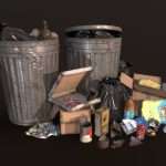 Urban Trash 3d Model - Low poly urban trash pack 3D model with various street debris like cans, bottles, boxes, and garbage bags, rendered with PBR textures.