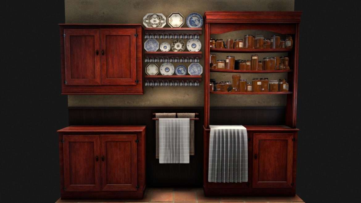 victorian kitchen furniture with honey jars 3d model