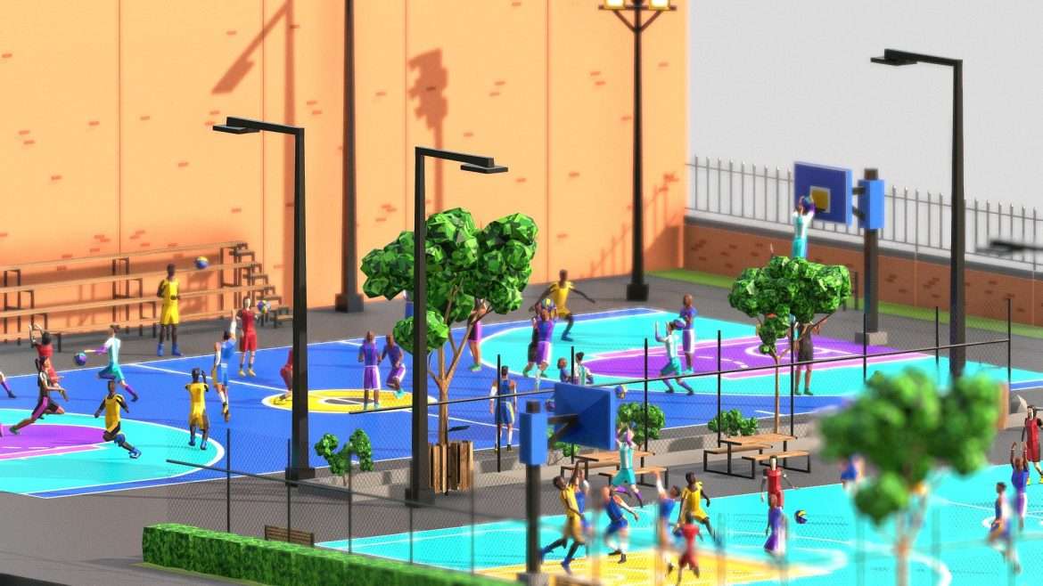Lowpoly Basketball Players 3d Model - Lowpoly basketball players and court 3D model showcasing multiple teams and game elements.