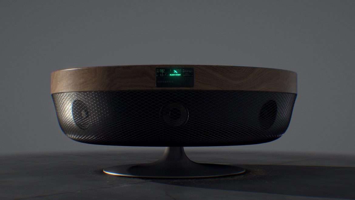 Surround Coffee Table 3d Model - A high-resolution 3D render of a modern surround speaker coffee table in a minimalist interior setting.