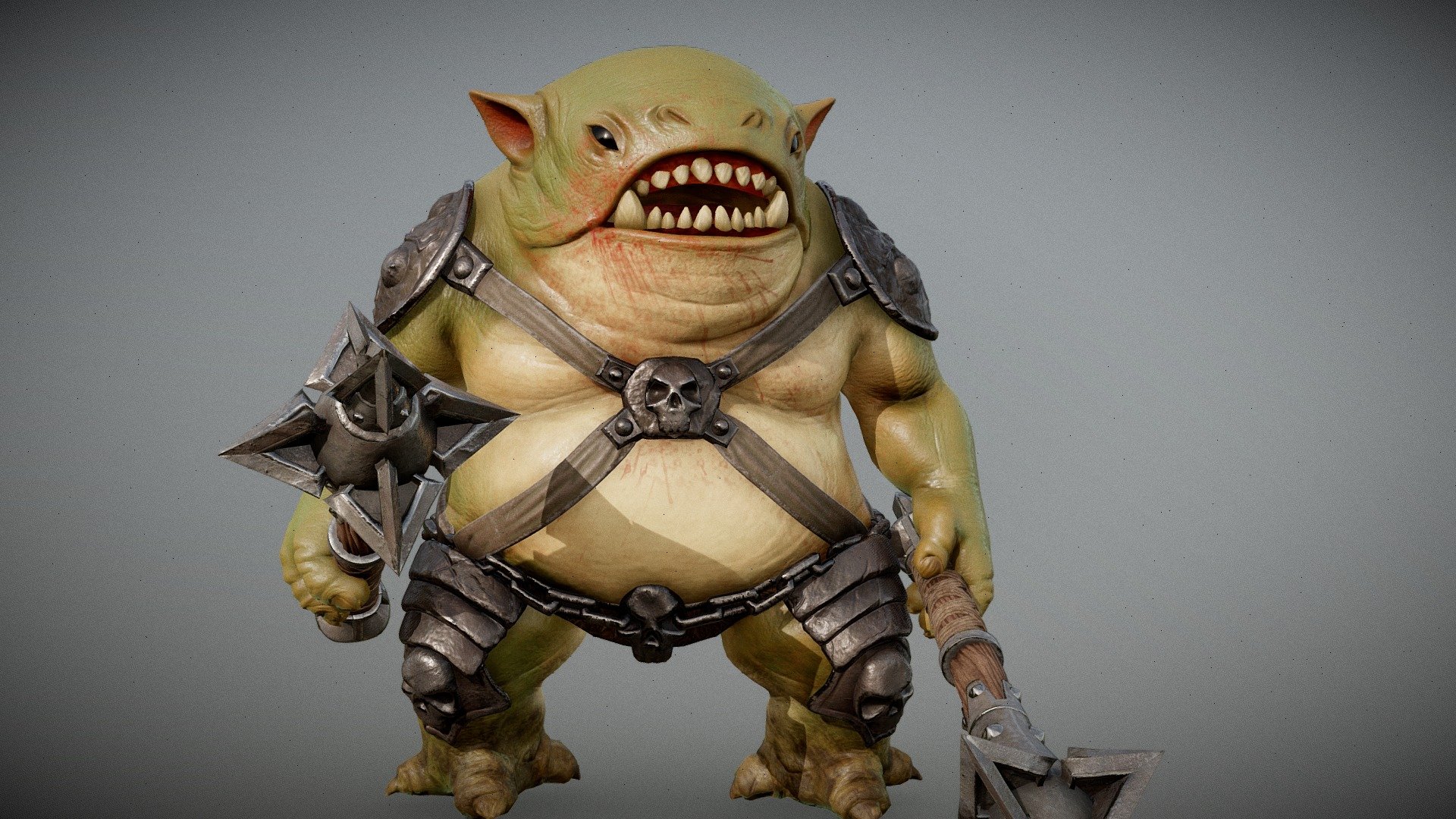 A green orc with two maces