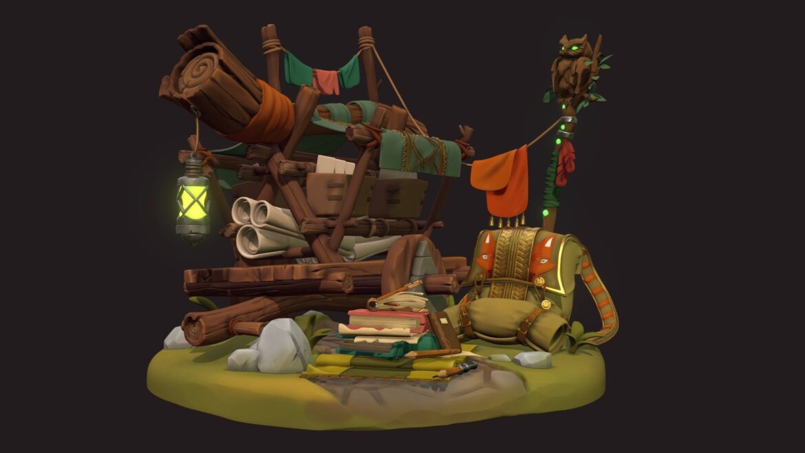 Adventurer Camp 3d Model - Detailed 3D sculpt of an adventurer's camp diorama including a cart, backpack, and owl staff.
