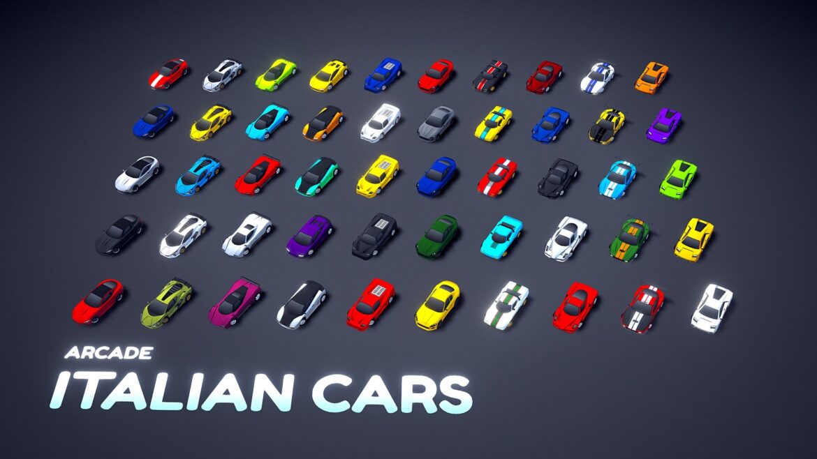 Arcade Italian Cars 3d Model - Arcade Italian cars 3d model pack featuring 10 unique racing vehicles in 5 different color variations, ideal for third-person and top-down racing games.