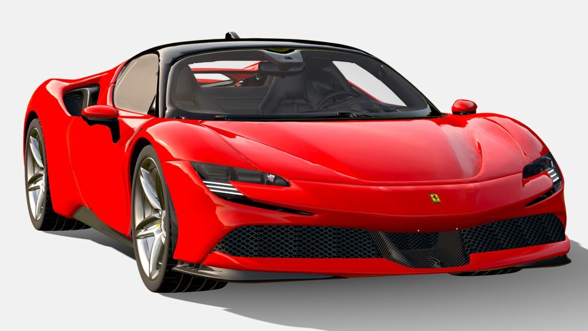 Ferrari Sf90 Stradale 3d Model - Highly detailed 3D model of a red Ferrari SF90 Stradale hypercar, showcasing its aerodynamic design and intricate features for digital projects.