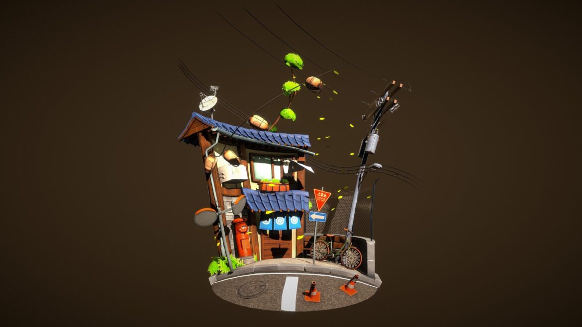 Japanese Street Diorama 3d Model - Detailed 3D model of a vibrant Japanese street diorama, featuring urban architecture, neon signs, and vending machines.