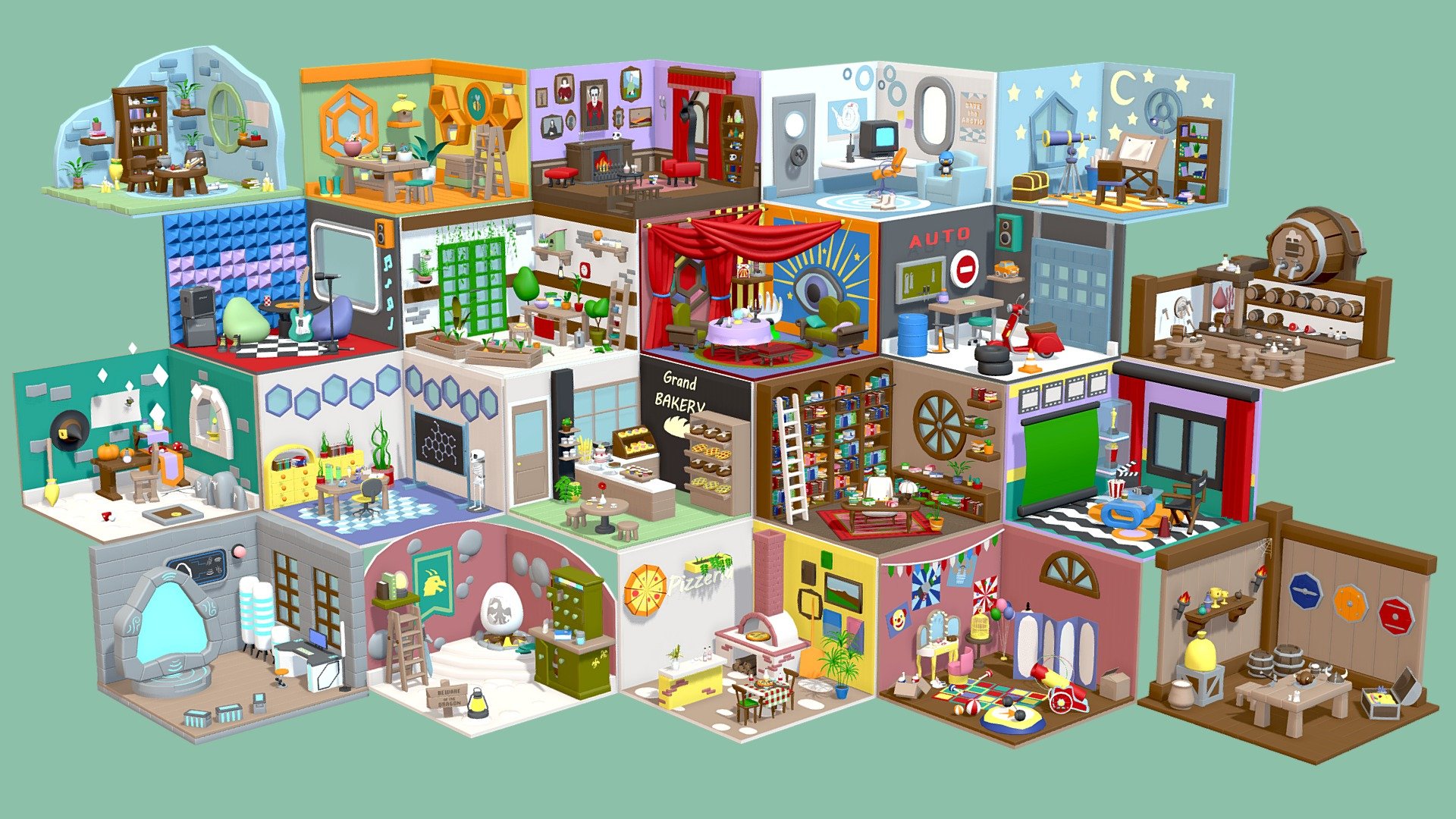 Low Poly Cartoon Profession Rooms
