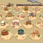 Wild West 3d Model - Low poly wild west town 3d model with buildings, train, and landscape elements like mountains and cacti.