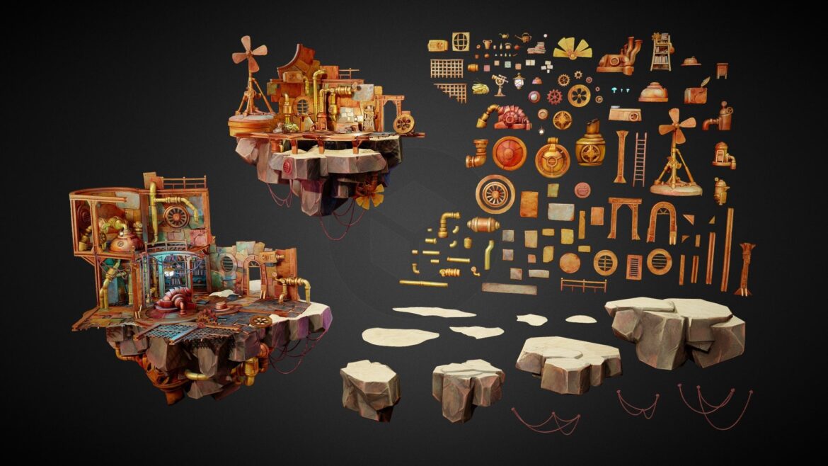 Martian Junkyard 3d Model - Martian junkyard environment pack 3d model with derelict spacecraft parts and futuristic debris on a desolate red planet landscape.