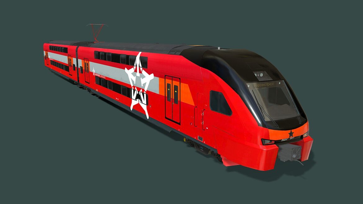 Stadler Kiss Train 3d Model - Highly detailed 3D model of the Aeroexpress Stadler KISS ESh2 Eurasia double-deck electric train, showcasing its modern design on railway tracks.