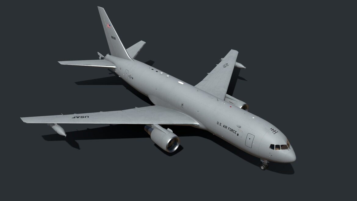 Kc-46 Pegasus 3d Model - Highly detailed 3D model of the Boeing KC-46 Pegasus aerial refueling and military transport aircraft, showcasing its fuselage, wings, engines, and refueling boom.
