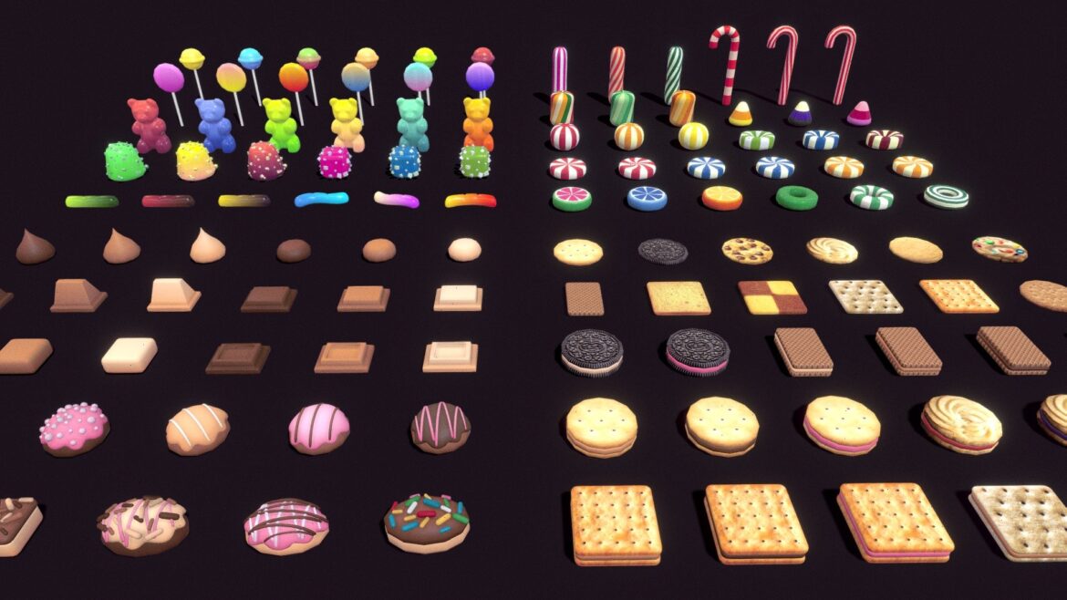 Candy World Candy 3d Model - Vibrant 3D model of assorted candies from Candy World, meticulously textured for digital projects.