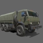 Kamaz 5350 Truck 3d Model - Highly detailed 3D model of a Russian Kamaz 5350 general utility truck with cargo platform and tarpaulin, ready for military simulation scenes.
