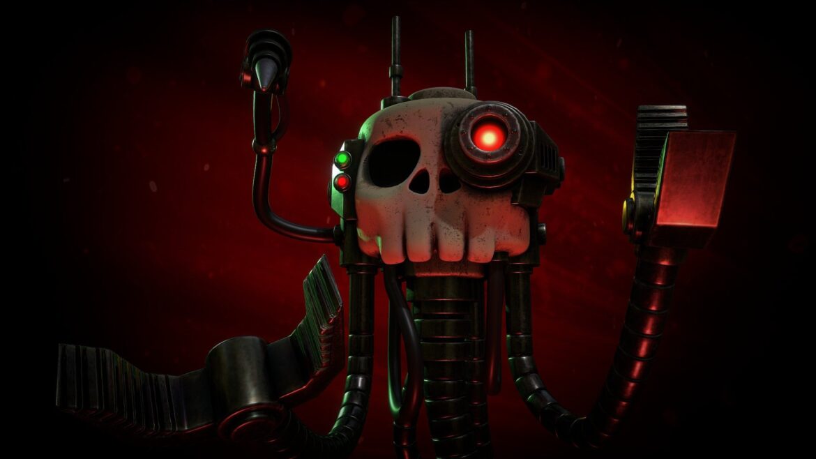 Lego Servo Skull 3d Model - A detailed 3D model of a Warhammer 40K servo skull rendered in a stylized plastic building block aesthetic.
