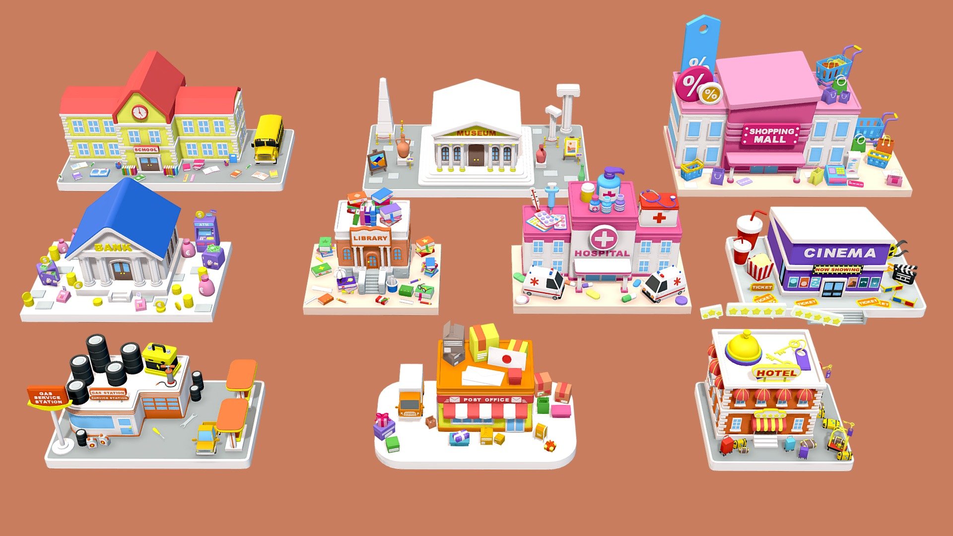 Cartoon Public Buildings Islands / Exteriors