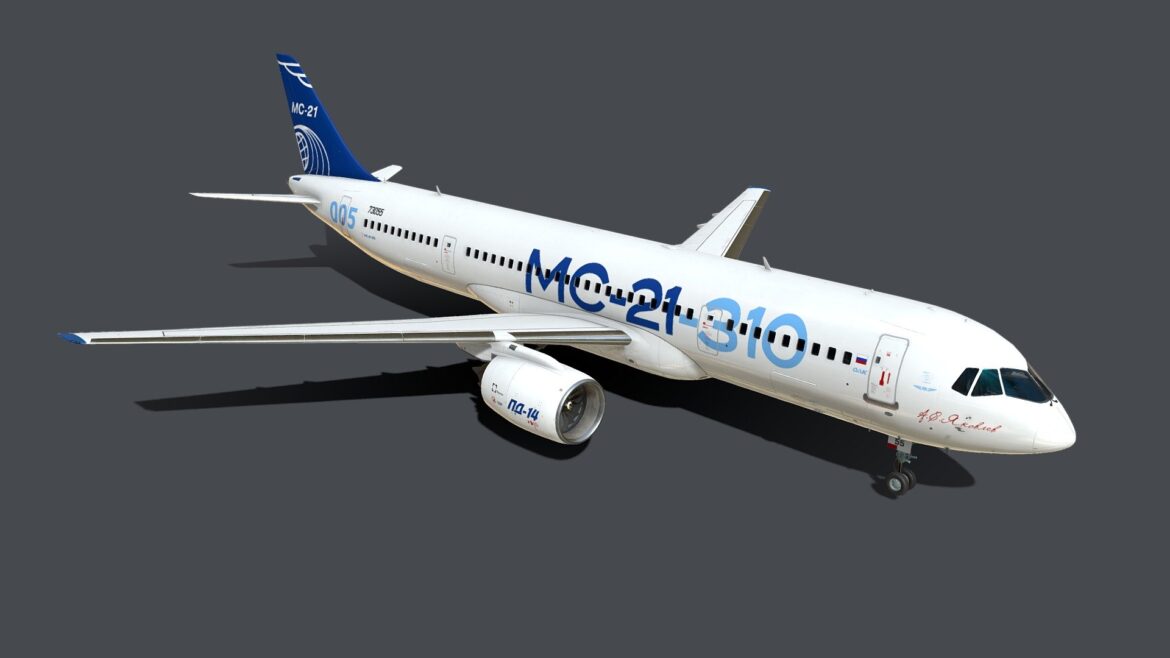 Mc21 Airliner 3d Model - High-fidelity MC-21 airliner 3D model rendered against a clear sky.
