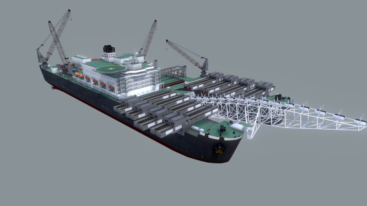 Pioneering Spirit, 3d Model - Detailed 3D model of the Pioneering Spirit pipelay and heavy lift vessel, showing its twin hull and deck equipment.