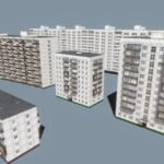 Soviet Hrushevka Houses 3d Model - 3D model of Soviet Hrushevka houses, including Series 515, II-68, and II-18 apartment blocks, showcasing typical 1970s Soviet architecture.