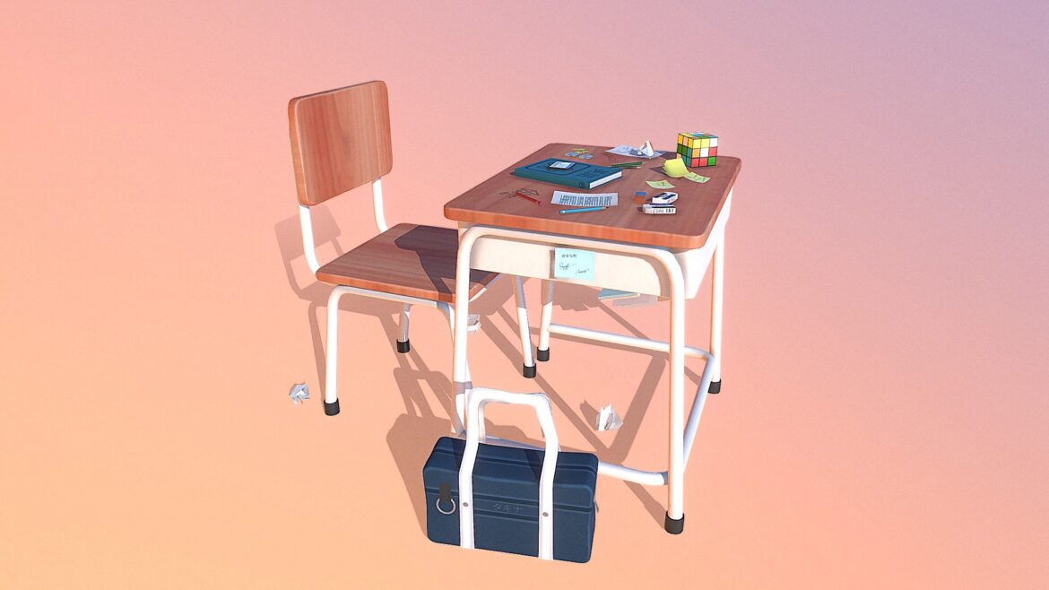 Anime Classroom 3d Model - A low-poly anime classroom 3D model featuring desks, chairs, and windows in a stylized Japanese school setting.