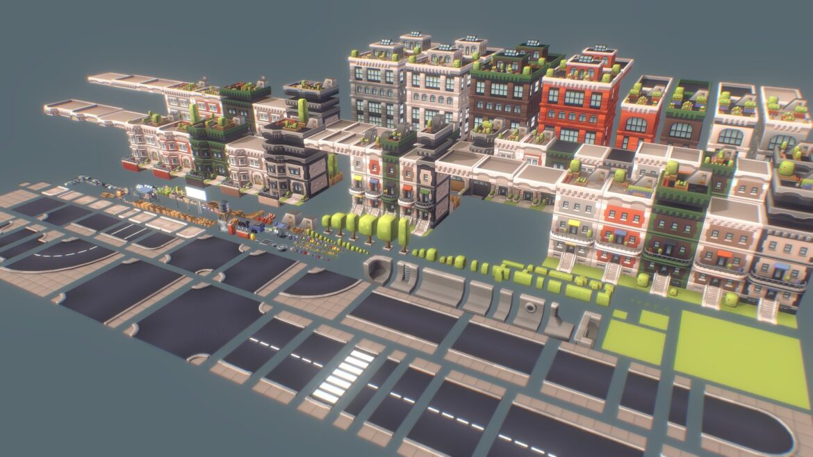 Proto Series City 3d Model - Modular stylized urban city environment kit with buildings and trees.