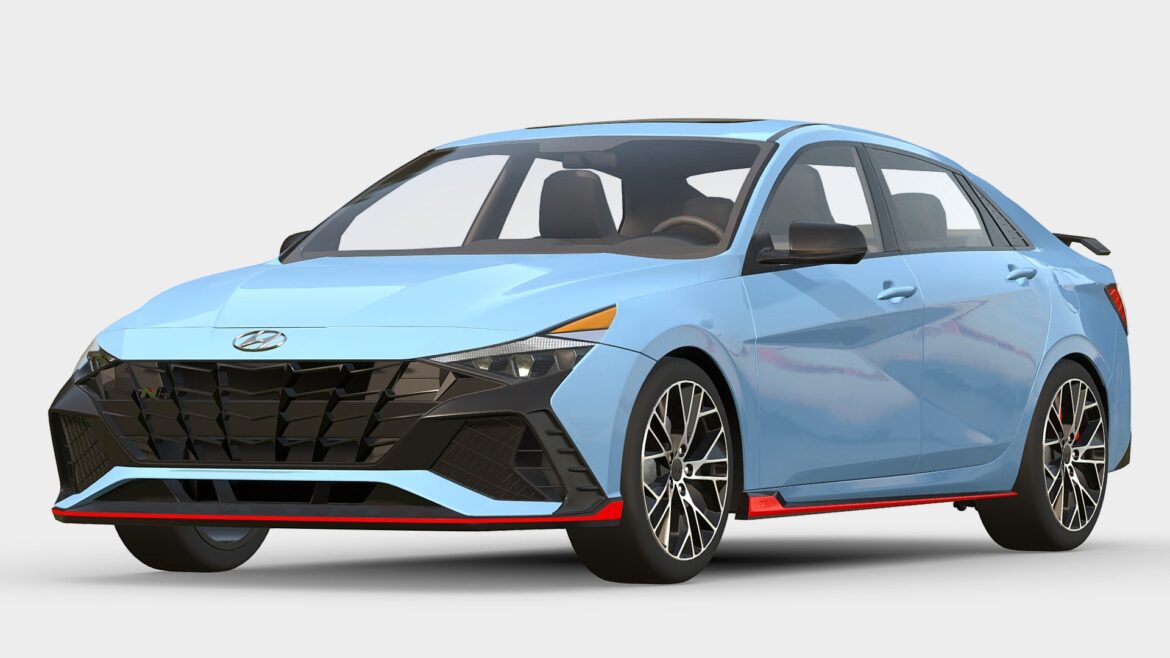 Hyundai Elantra N 3d Model - Photorealistic 3D model of a blue Hyundai Elantra N featuring aggressive aerodynamic bodywork.