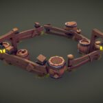 Low Poly Barrel & Wooden Fence Set