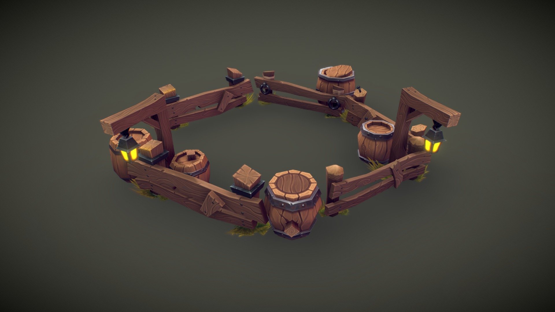 Low Poly Barrel & Wooden Fence Set
