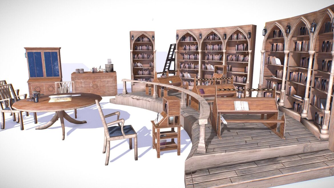 medieval library model pack low poly 3d model