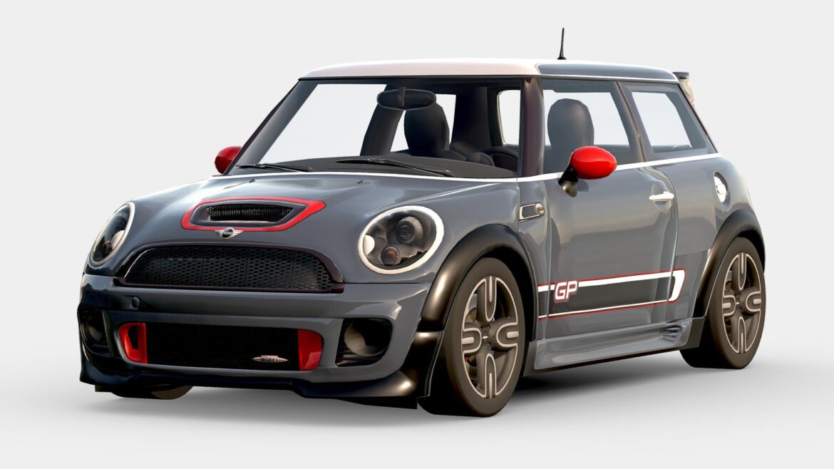 Mini Cooper Gp 3d Model - Highly detailed 3D model of the Mini Cooper GP R56 with racing stripes, spoiler, and authentic interior.