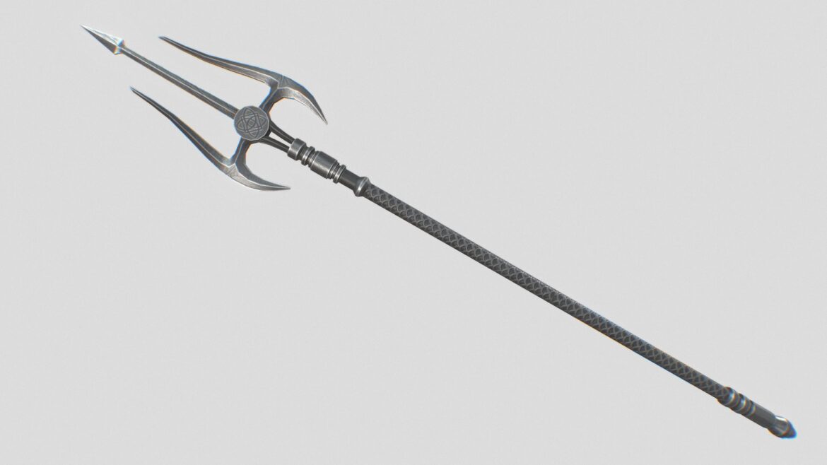 Fantasy Trident 3d Model - A detailed render of a fantasy trident, showcasing its ornate prongs, textured shaft, and metallic sheen suitable for game environments or digital art.