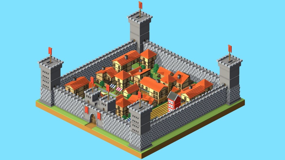 Medieval Castle Town 3d Model - Voxel Medieval Castle Town 3D model with detailed pixel art architecture and vibrant medieval structures