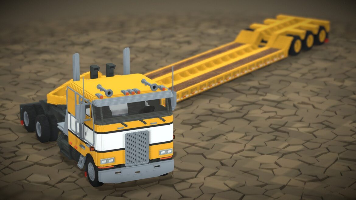 voxel peterbilt truck and lowboy trailer 3d model
