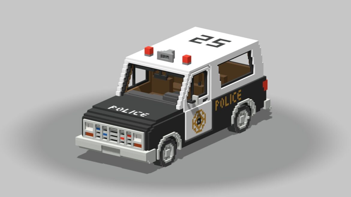 Voxel Police Suv 3d Model - Voxel Police SUV 3D model with black and white patrol colors and emergency light bar
