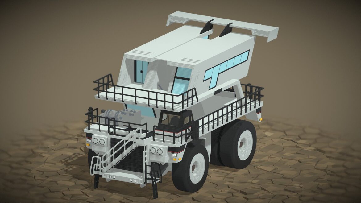 Super Motorhome Truck 3d Model - High-angle view of a luxury Voxel Super Motorhome Truck with off-road tires and a sleek blue and white color scheme.