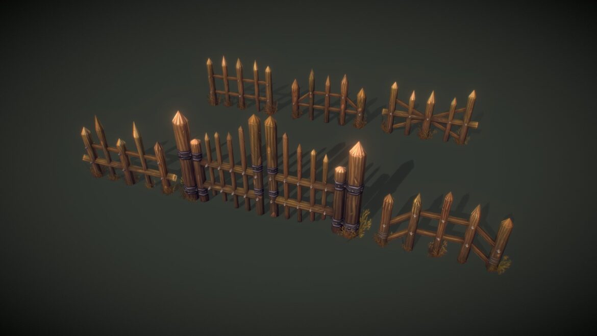 Wooden Fence Set 3d Model - Hand-painted low poly wooden fence set 3D model for game environments and level decoration, featuring six unique pieces.