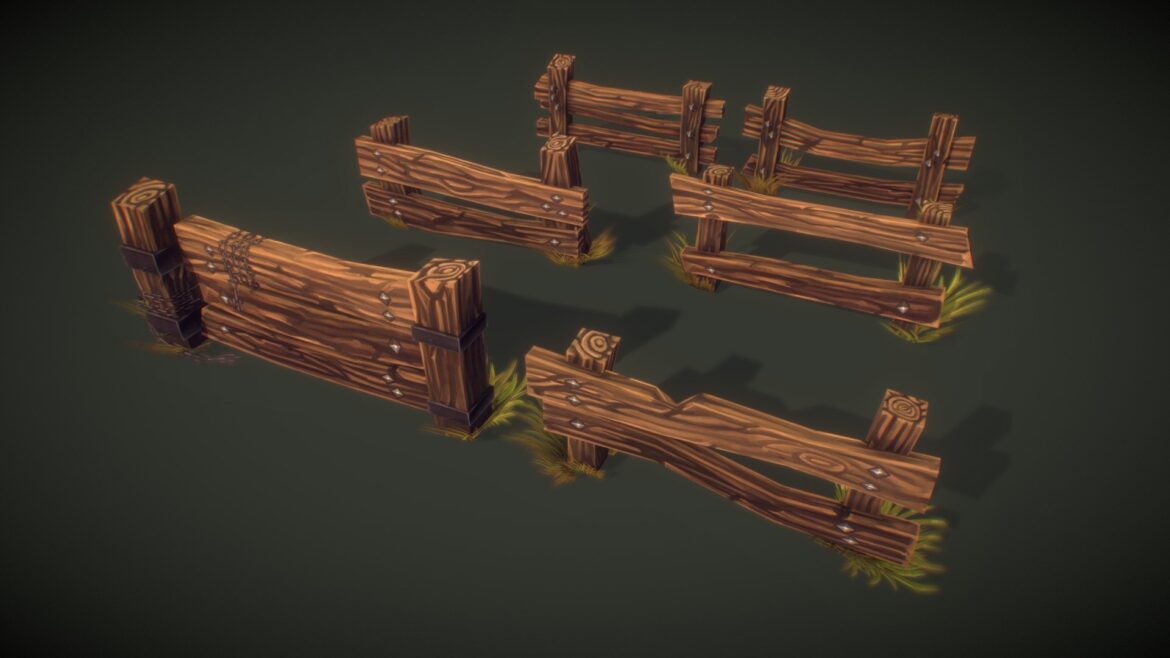 wooden fence set 2 hand painted 3d model